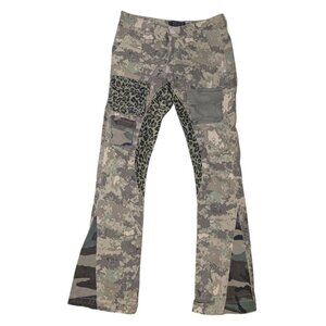 THRT Mens Camo Cargo Pants W/ Leopard Print Patchwork & Flared Legs Size 30